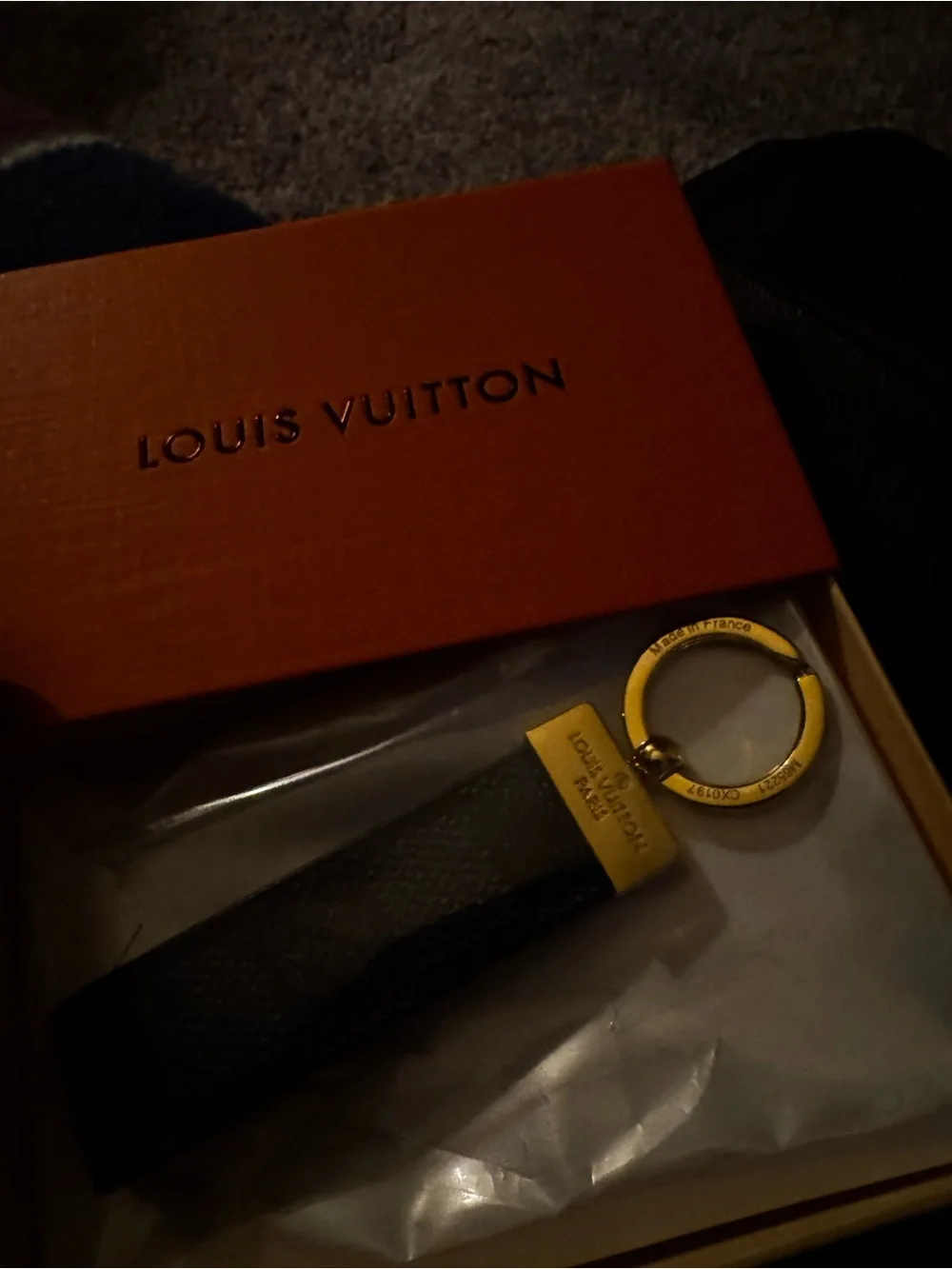 Louis Vuitton Black Leather Key Loop with Gold Ring